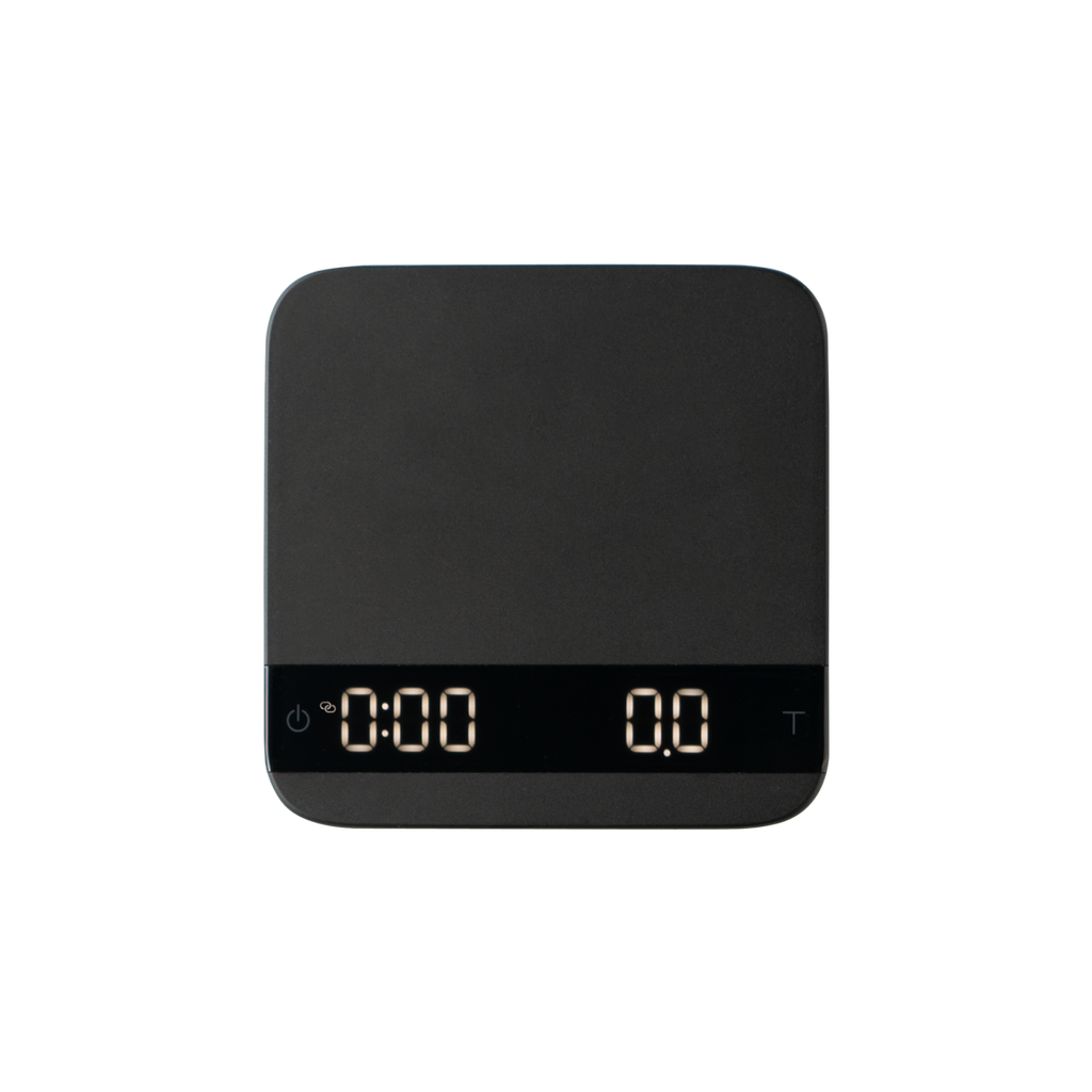 Black Acaia Lunar La Marzocco Connected Scale, top view with timer and weight display