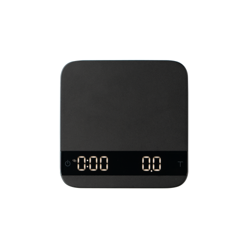 Black Acaia Lunar La Marzocco Connected Scale, top view with timer and weight display