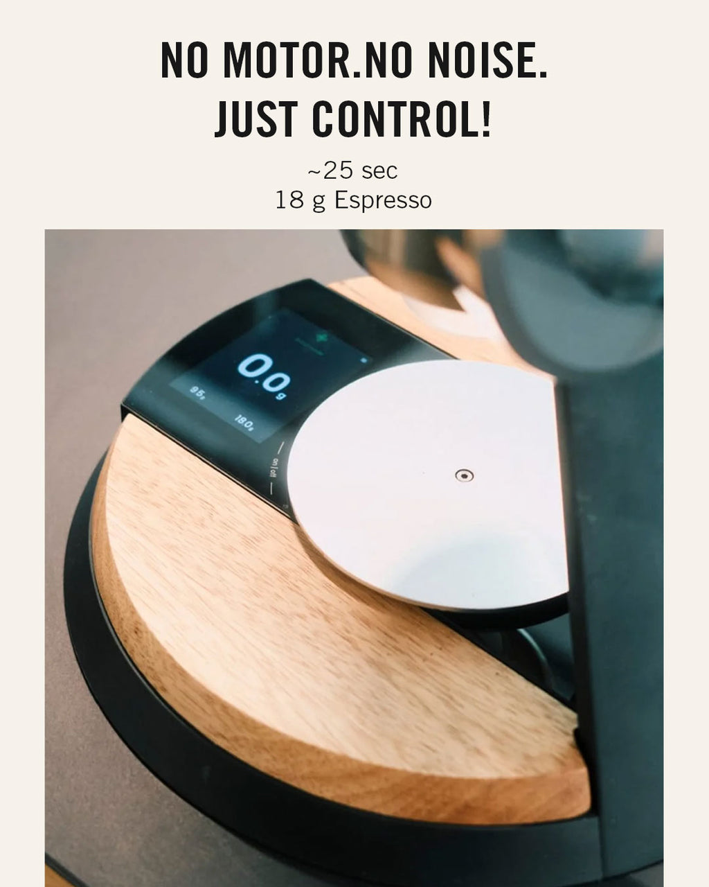 Integrated NECCST scale in the wood base of the Series 1 GBW manual coffee grinder