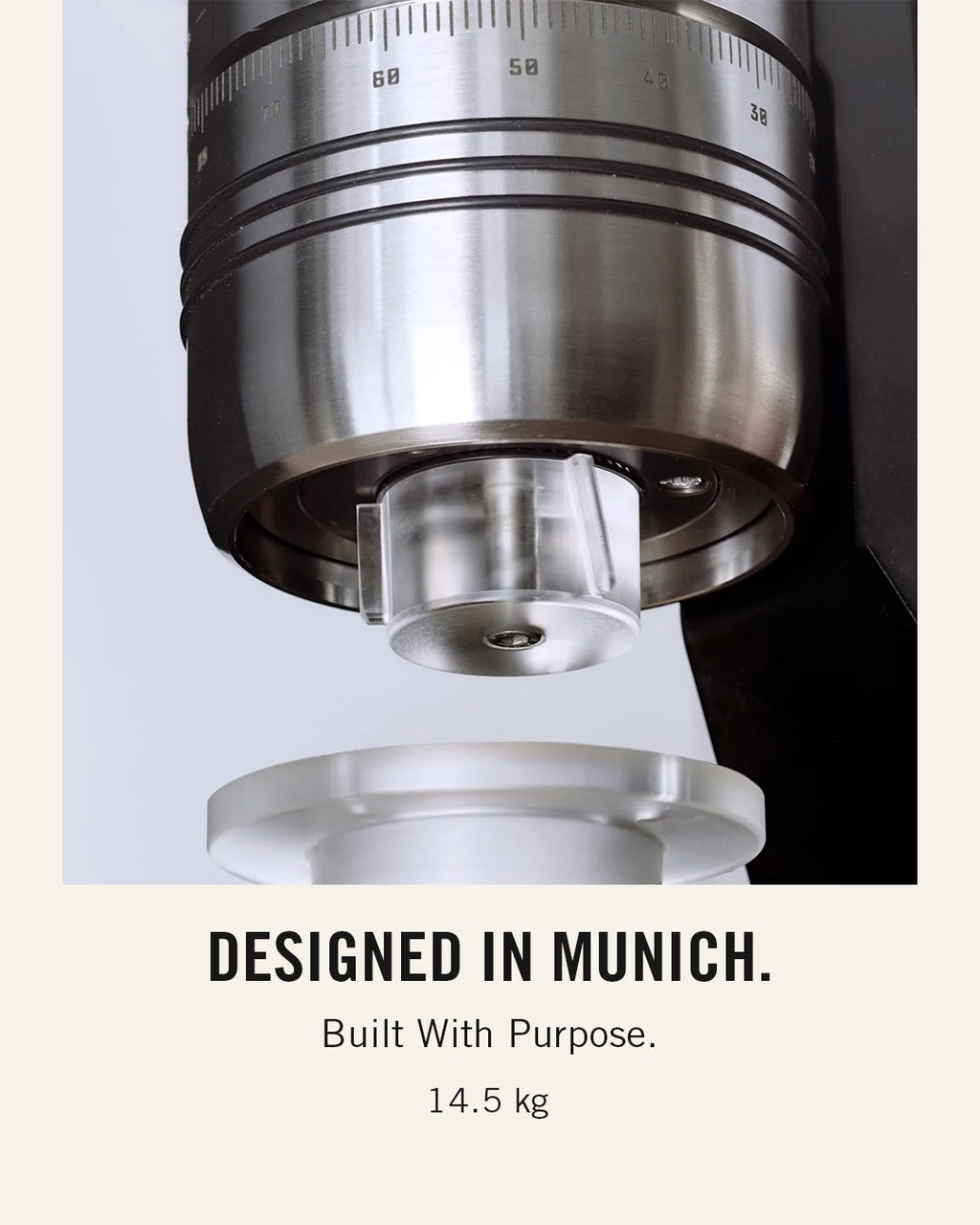 Close-up of the NECCST Series 1 grounds outlet and adjustment dial, designed in Munich