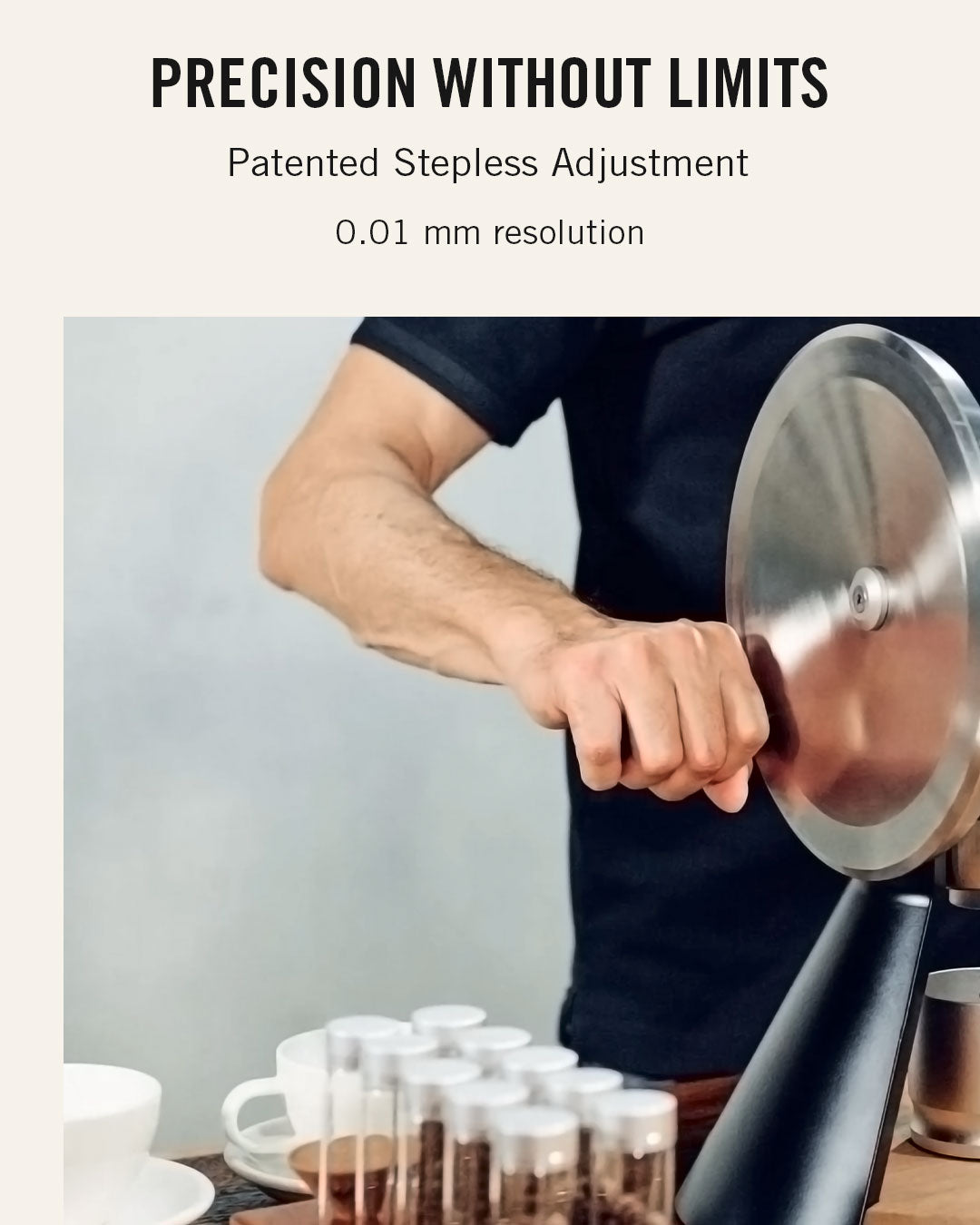 NECCST Series 1 manual flywheel and patented stepless grind adjustment with 0.01 mm resolution
